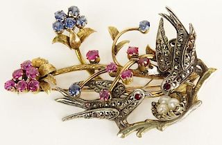 Lady's Vintage 14 Karat Yellow Gold, Ruby and Sapphire Branch Brooch and Sterling Silver Dove Brooch