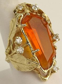 Lady's Vintage Orange Citrine and 14 Karat Yellow Gold Ring with Small Accent Diamonds