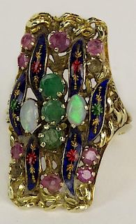 Lady's Vintage Emerald, Opal, Ruby, Enamel and 18 Karat Yellow Gold Ring