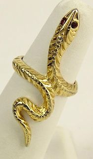 Vintage 18 Karat Yellow Gold Snake Ring with Ruby Eyes