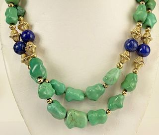 Vintage 14 Karat Yellow Gold, Turquoise and Lapis Lazuli Bead Two Strand Necklace