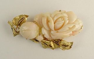 Lady's Vintage Carved Angelskin Coral and 14 Karat Yellow Gold Flower Brooch