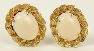 Lady's Vintage Angelskin Coral and 14 Karat Yellow Gold Earrings
