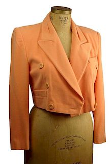 From a Palm Beach Socialite, a Retro/Vintage Escada Light Orange Angora Wool Double Breasted  Short Blazer