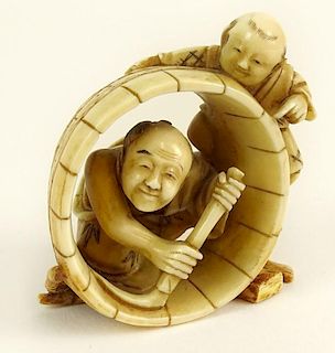 Well Done Antique Japanese Ivory Netsuke. "Barrel Makers"
