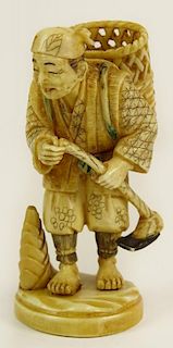 Antique Japanese Ivory Netsuke. Depicts Man with Basket and Hoe