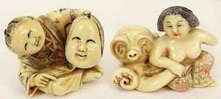 Lot of Two (2) Hand Carved Ivory Antique Japanese Netsuke