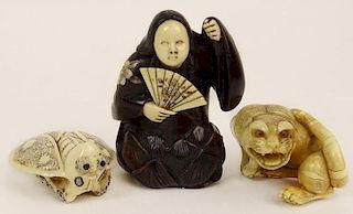 Lot of Three (3) Hand Carved Ivory Antique Japanese Netsuke