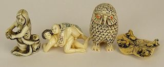 Lot of Four (4) Hand Carved Ivory Antique Japanese Netsuke
