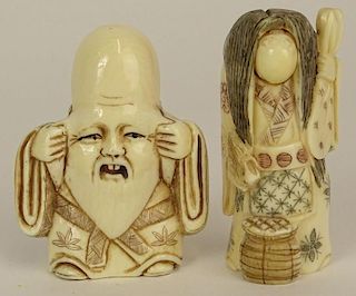 Lot of Two (2) Hand Carved Polychromed Ivory Antique Japanese Netsuke
