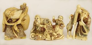 Lot of Three (3) Hand Carved Polychromed Ivory Antique Japanese Netsuke