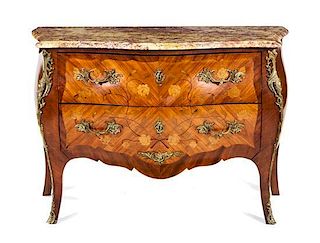 * A Louis XV Style Gilt Bronze Mounted Marquetry Bombe Commode Height 33 3/4 x width 47 x depth 20 1/2 inches.