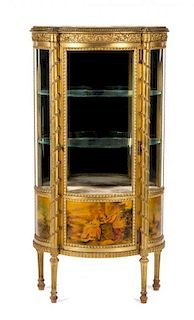 A Louis XVI Style Vernis Martin Decorated Giltwood Vitrine Height 54 1/4 x width 27 1/2 x depth 13 inches.