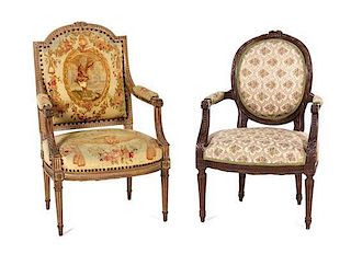 Two Louis XVI Style Fauteuils Height of larger 39 1/2 x width 24 1/2 x depth 19 inches.