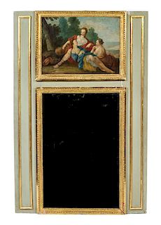 * A French Painted and Parcel Gilt Trumeau Mirror Height 67 1/8 x width 43 3/4 inches.