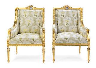 A Pair of Louis XVI Style Jasperware-Inset Giltwood Bergeres Height 42 1/2 inches.