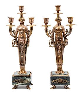 A Pair of Empire Style Gilt Bronze and Marble Three-Light Candelabra EARLY 20TH CENTURY Height 17 1/2 inches.