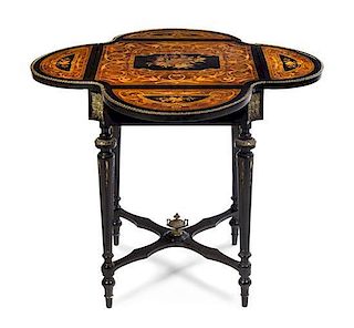 A Napoleon III Style Ebonized and Marquetry Decorated Handkerchief Table Height 29 inches.