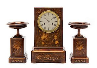 * A French Marquetry Decorated Rosewood Clock Garniture Height of clock 13 1/2 inches.