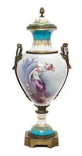 A Sevres Gilt Metal Mounted Porcelain Urn Height 29 inches.
