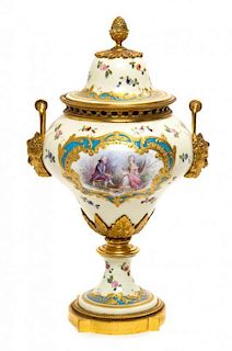 A Sevres Gilt Metal Mounted Porcelain Urn Height 12 inches.