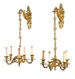 A Pair of Gilt Metal Five-Light Sconces Diameter of chandelier 13 inches.
