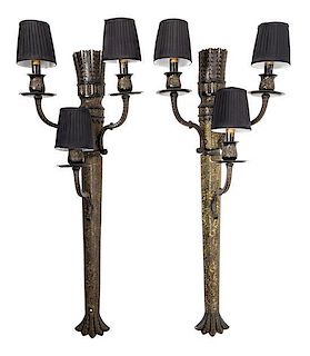A Pair of Neoclassical Style Three-Light Sconces Height 34 inches.