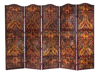 * A Tooled Leather Five-Panel Floor Screen Height 100 x width of each panel 28 1/4 inches.