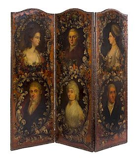 A Continental Painted Canvas Three-Panel Floor Screen Height of each panel 69 1/4 x width 24 inches.