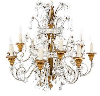 An Italian Giltwood and Glass Twelve-Light Chandelier Diameter 32 inches.