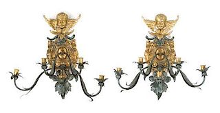 * A Pair of Italian Giltwood and Tole Five-Light Sconces Height 21 inches.