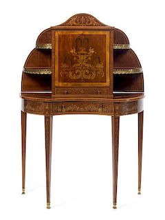An English Gilt Metal Mounted Mahogany, Satinwood and Marquetry Writing Desk Height 51 1/4 x width 36 x depth 18 inches.