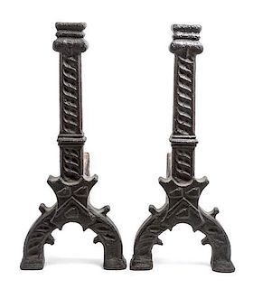A Pair of English Cast Iron Andirons Height 25 1/8 inches.