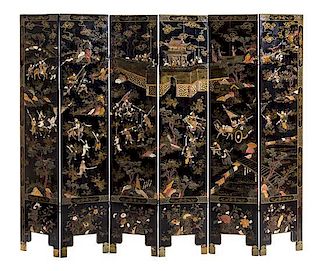 A Chinese Export Six-Panel Floor Screen Height 73 1/4 x width of each panel 15 inches.