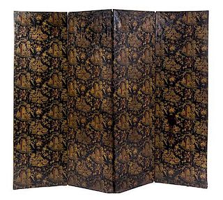 A Painted Leather Four-Panel Floor Screen Height 70 1/4 x width of each panel 21 1/8 inches.