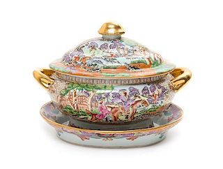 A Chinese Export Porcelain Soup Tureen and Undertray Width of tureen over handles 14 5/8 inches.