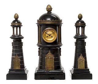 * An American Gilt Metal Mounted Slate Clock Garniture Height of clock 23 1/2 inches.