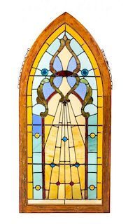 * An American Leaded and Jeweled Glass Window Height 62 3/4 x width 29 inches.