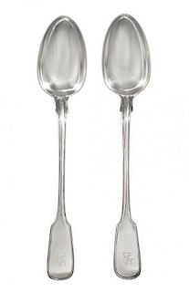 A Pair of George IV Silver Serving Spoons, Probably Charles Eley, London, 1827, each handle engraved with a rampant lion crest.