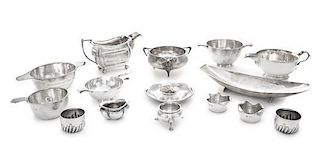 * A Group of English Silver Table Articles, Various Makers, comprising 2 creamers, an elongated tray, 6 small bowls and 6 salts.