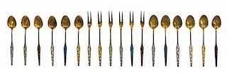 A Set of Eighteen Danish Enameled Silver-Gilt Cocktail Forks and Spoons, Egon Lauridsen, Copenhagen, contained in three fitted b