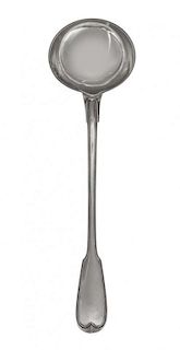 A French Silver Soup Ladle, Paris, Late 19th/Early 20th Century, Fiddle Thread pattern, the reverse of the handle terminal engra