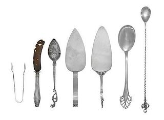 * A Group of Flatware Servers, , comprising a Whitebeck serving spoon, a pair of sugar tongs, two Cellini pie servers, a caviar