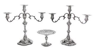 A Pair of Silver Three-Light Candelabra and Similar Compote, Probably German, Retailed by Marshall Field & Co., Chicago, IL, the