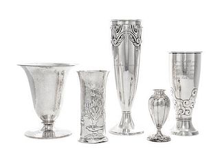 * Five Continental Silver Vases, Various Makers, Early 20th Century, comprising a Norwegian silver vase chased with scrolling st