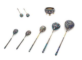 A Group of Russian Enameled Silver Articles, 19th/20th Century, various makers, comprising five spoons, an open salt and two sal