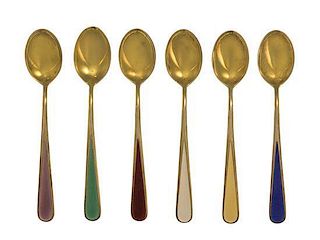 A Set of Six Norwegian Enameled Silver-Gilt Coffee Spoons, J. Tostrup, Oslo, enameled in various colors.
