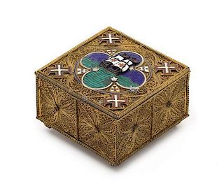 A Silver-Gilt Filigree and Enamel Box, Probably Russian, the lid worked with four Maltese crosses surrounding a quatrefoil cente