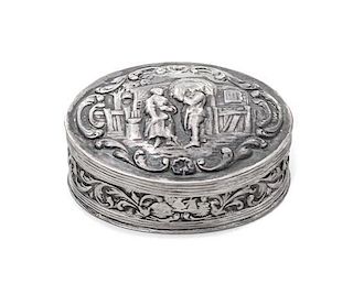 A Dutch Silver Tobacco Box, , the lid worked with figures, the sides with foliate scrolls.
