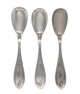 Three American Silver Egg Spoons, Tiffany, Young & Ellis, New York, NY, monogrammed.